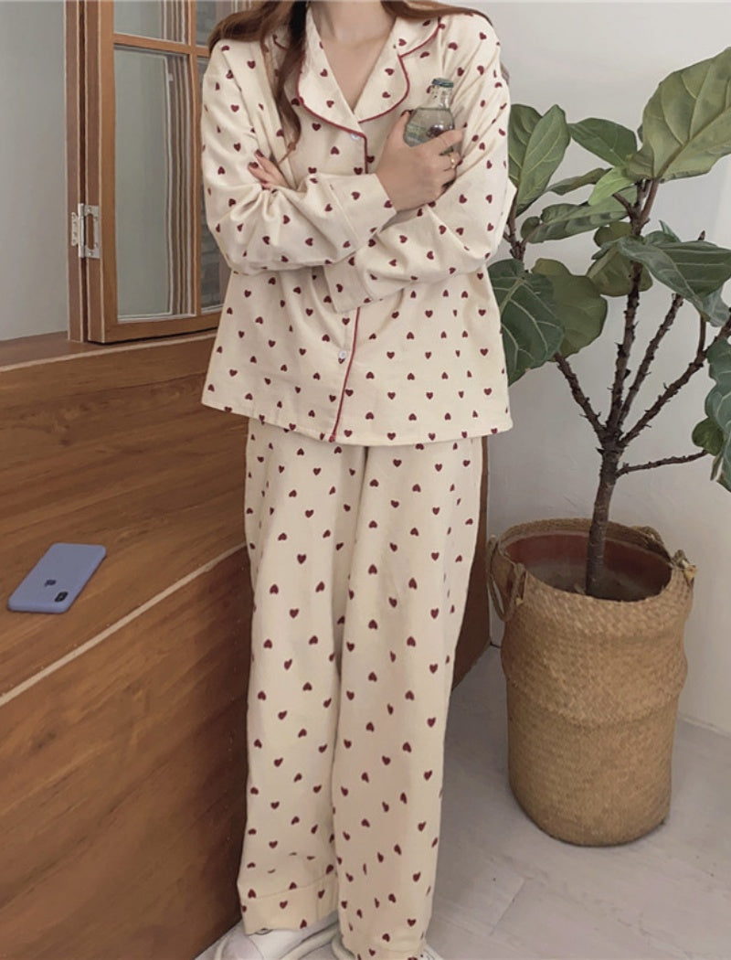 Brushed Heart Print Long Sleeve Pajamas