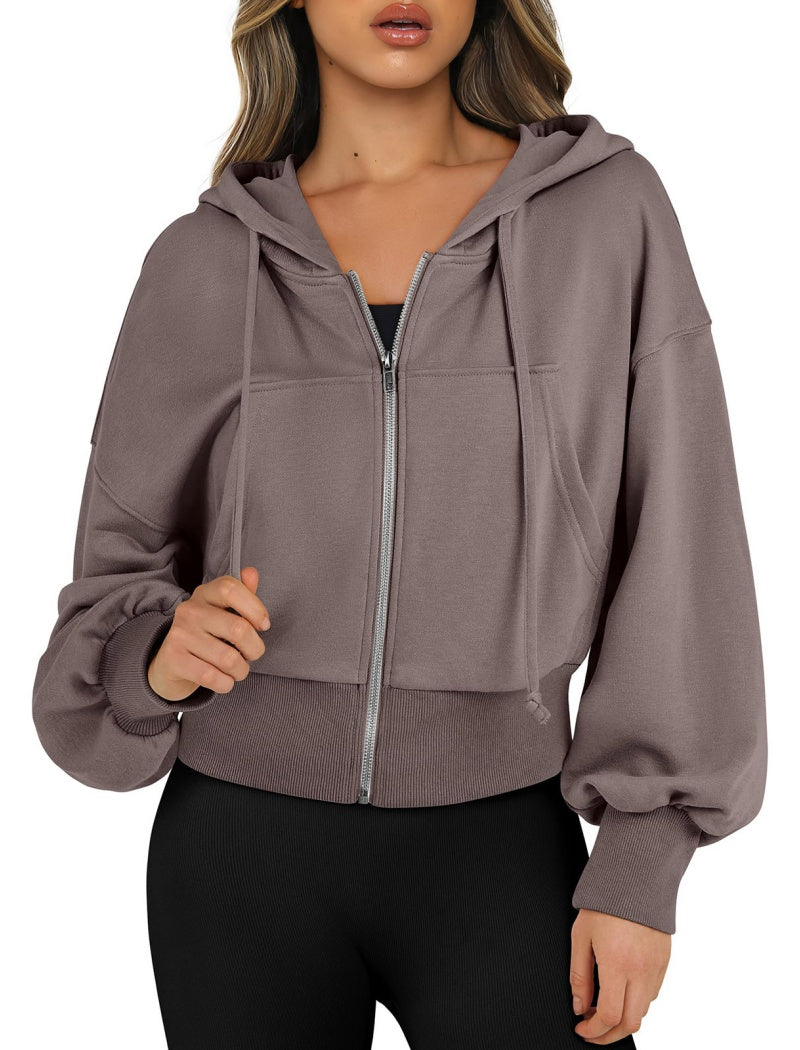 Cropped Zip-Up Hoodie with Elastic Cuffs