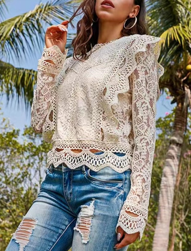 Long Sleeve Lace Top with Ruffle Detail