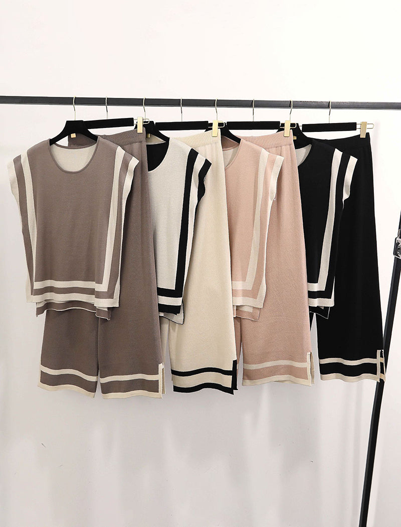 Color-Block Knit Sweater and High-Waisted Wide-Leg Pants Set