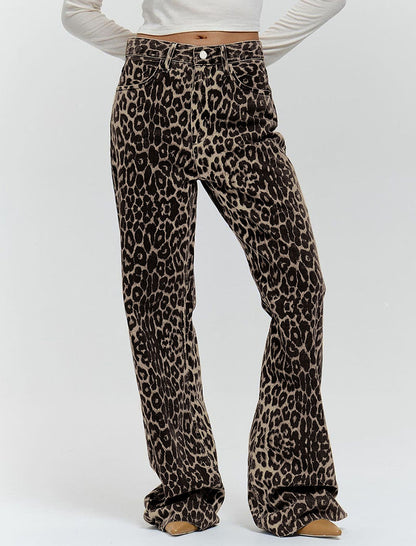 Leopard Print Flared Wide-Leg Pants