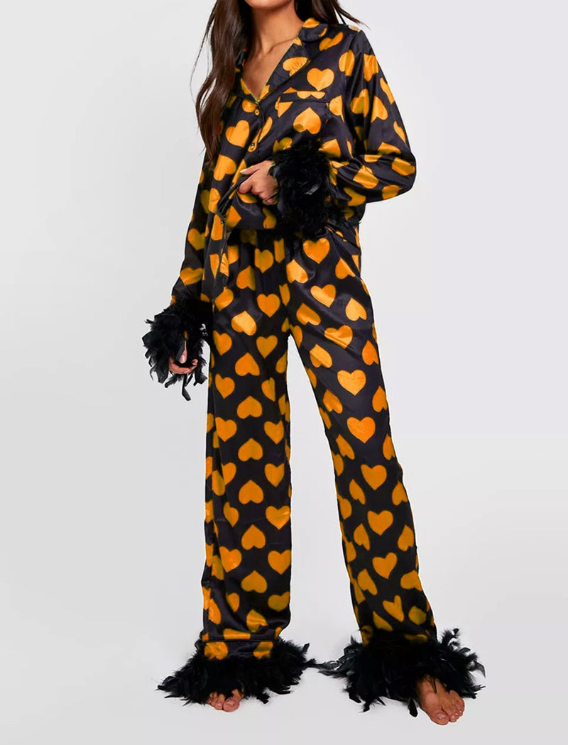 Heart Print Pajama Set with Feather Trim