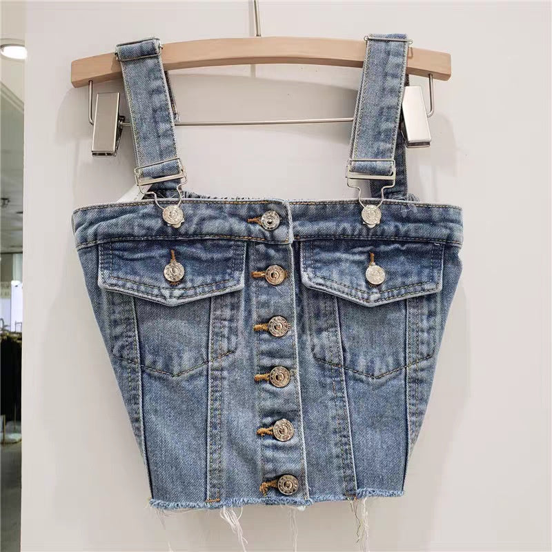 Button-Front Denim Crop Top