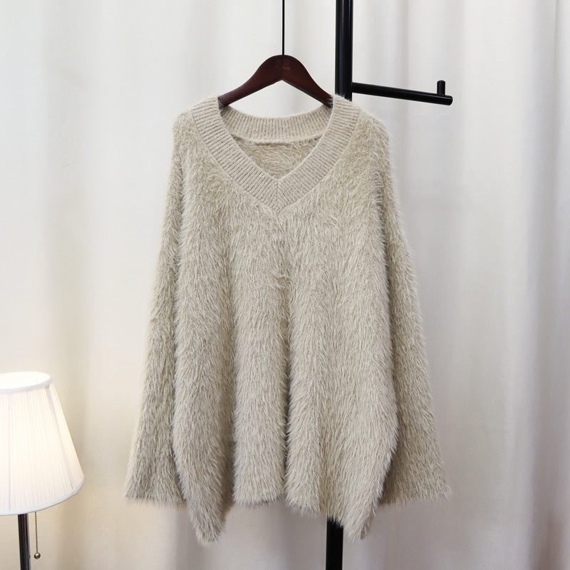 Fluffy V-Neck Loose Knit Sweater