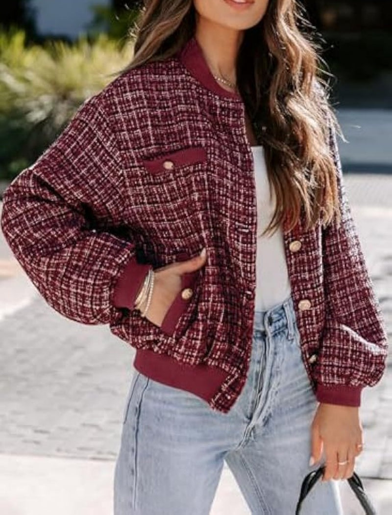 Plaid Bomber Jacket with Pockets