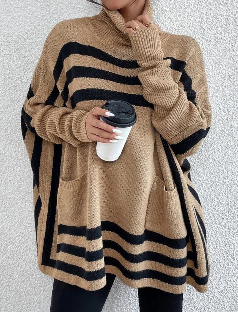 High Neck Striped Batwing Sleeve Cape Sweater