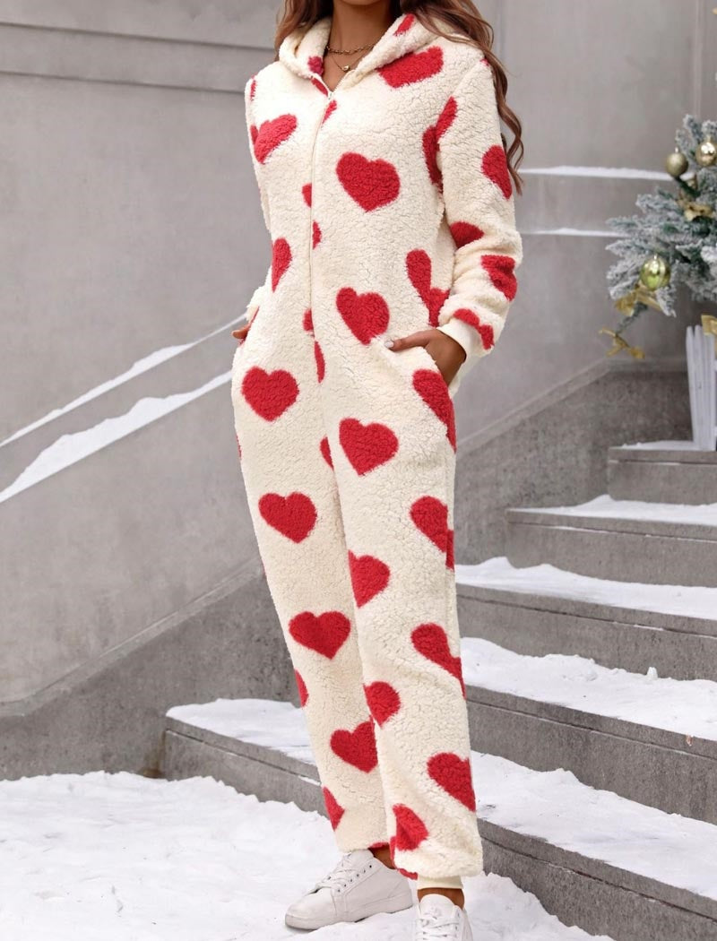 Fuzzy Heart Print Hooded Onesie