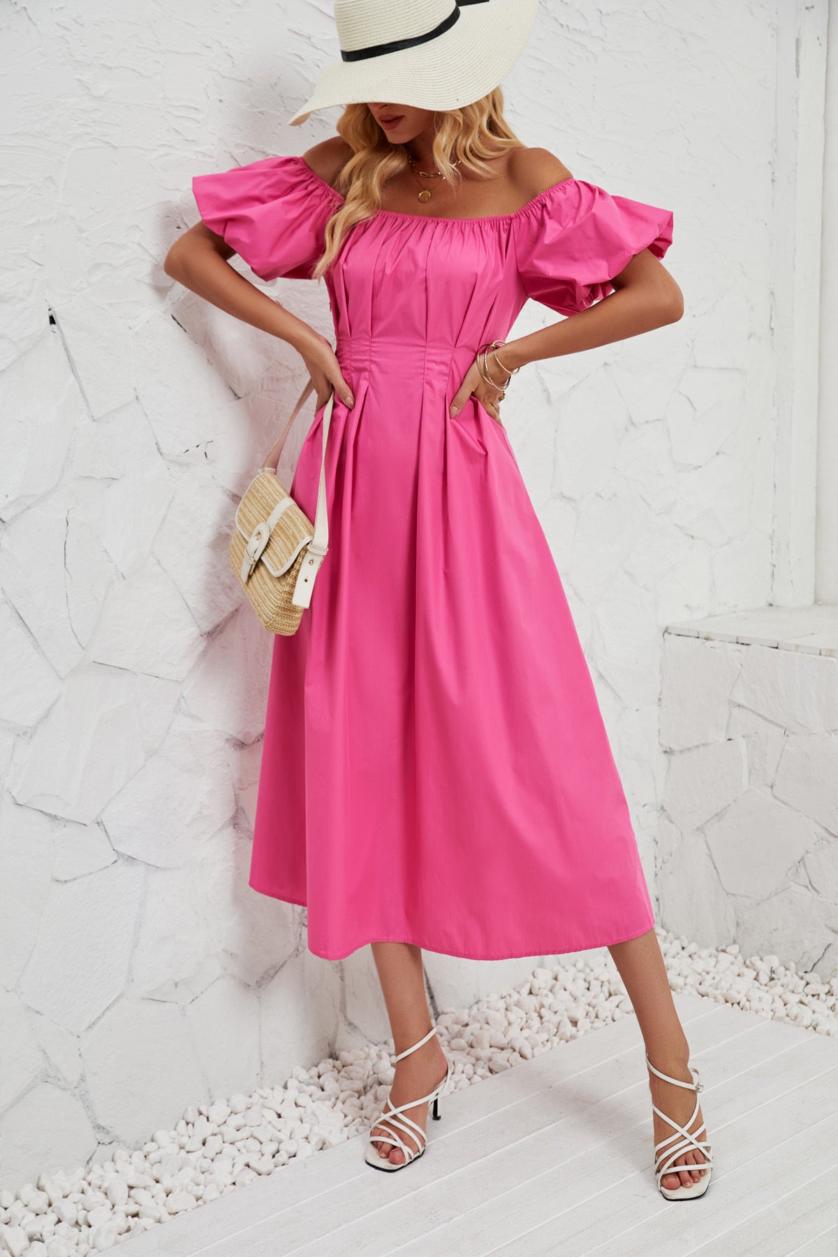 DVL407011D Off-Shoulder Puff Sleeve Midi Dress