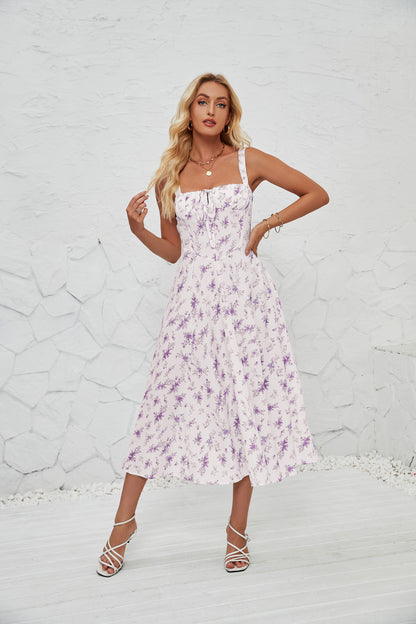 DVL407012D Floral Print Side-Slit Midi Dress