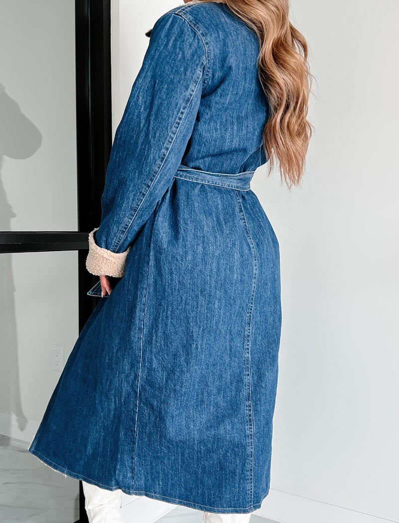 Sherpa-Lined Denim Long Coat