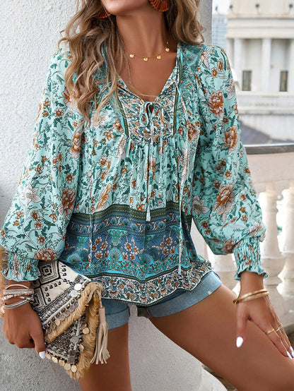 DVI407039T Boho Floral Print Peasant Shirt