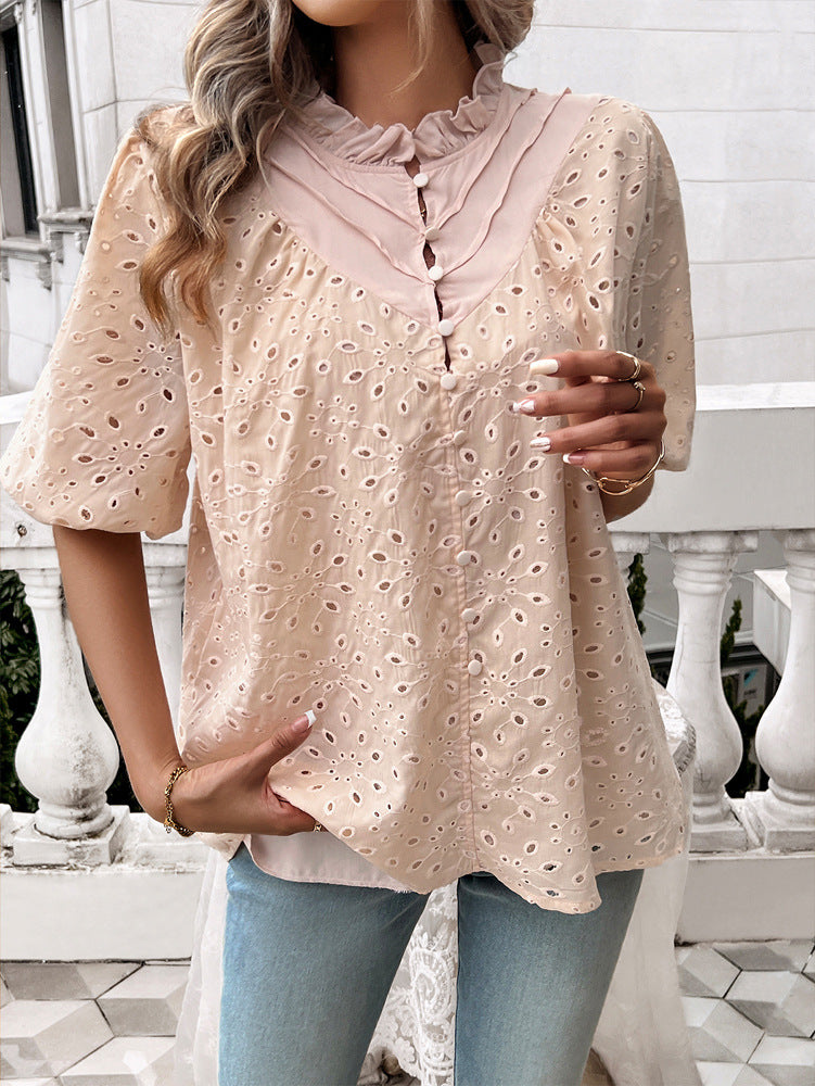 DVI407038T Eyelet Puff-Sleeve Button-Up Shirt