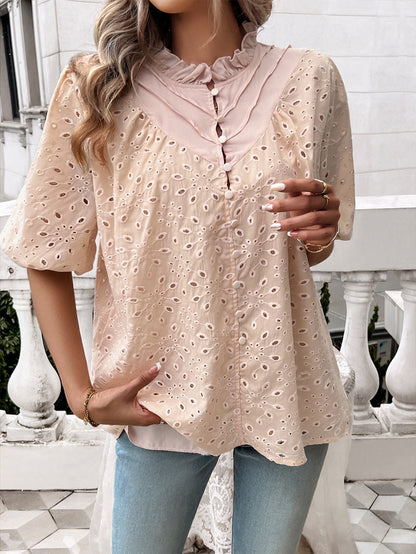 DVI407038T Eyelet Puff-Sleeve Button-Up Shirt