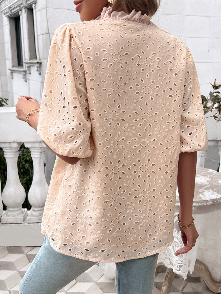 DVI407038T Eyelet Puff-Sleeve Button-Up Shirt