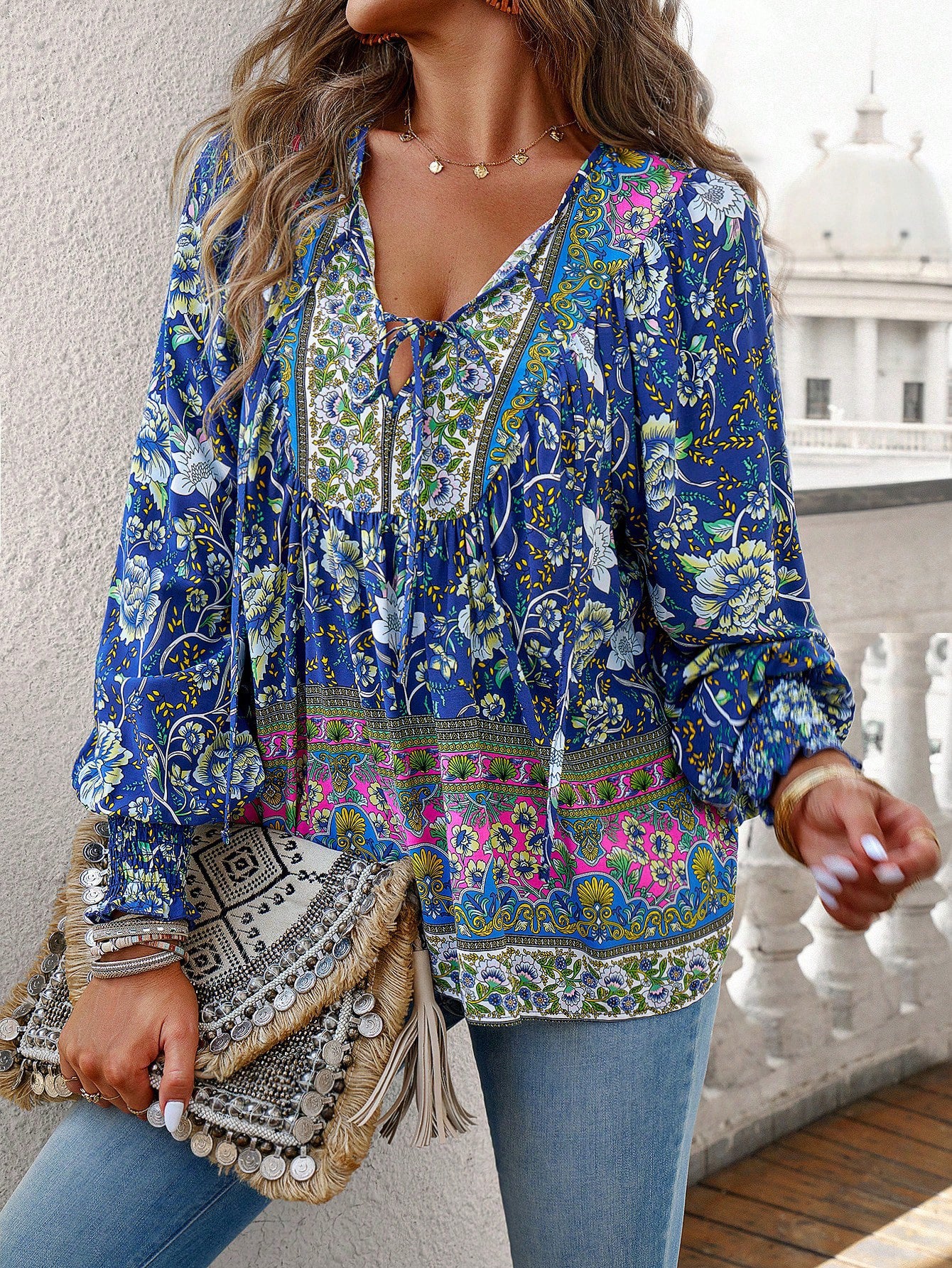 DVI407039T Boho Floral Print Peasant Shirt