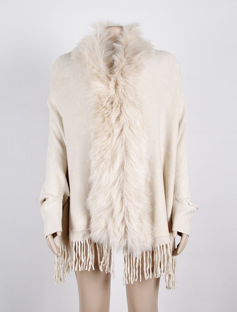 Faux Fur Trim Shawl with Fringe Detail