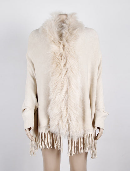 Faux Fur Trim Shawl with Fringe Detail