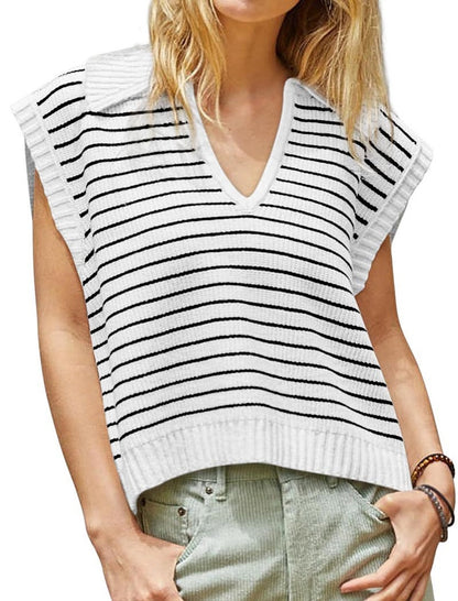 Striped Sleeveless Collared Knit Top