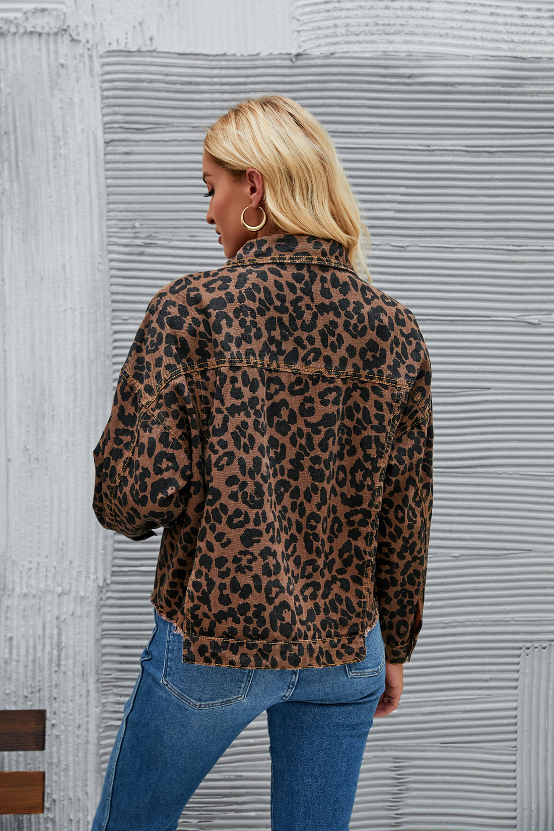 Leopard Print Button-Up Denim Jacket