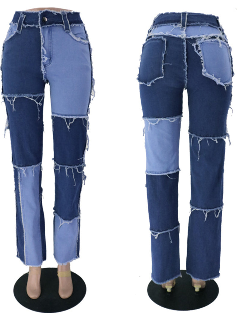 Patchwork Distressed Straight Jeans