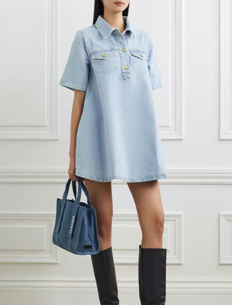 Short-Sleeve Denim Mini Dress