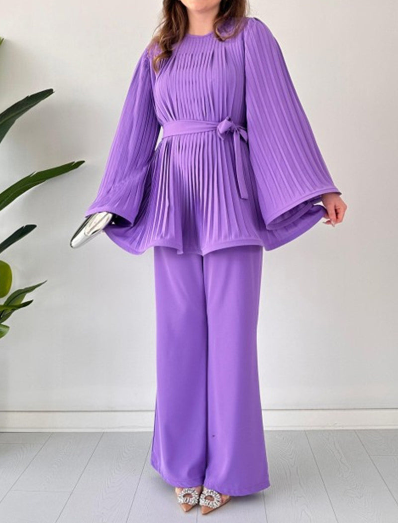 Pleated Bell Sleeve Top and Wide-Leg Pants Set