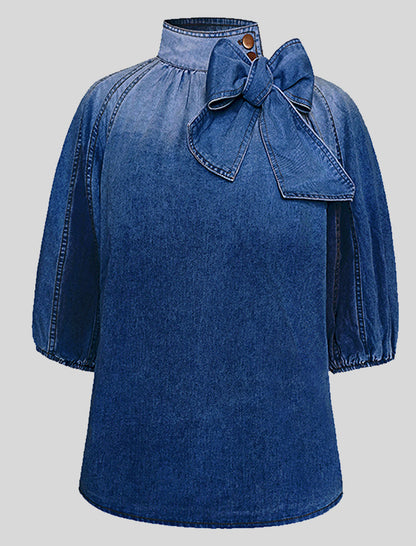 Puff Sleeve Denim Blouse with Bow Accent