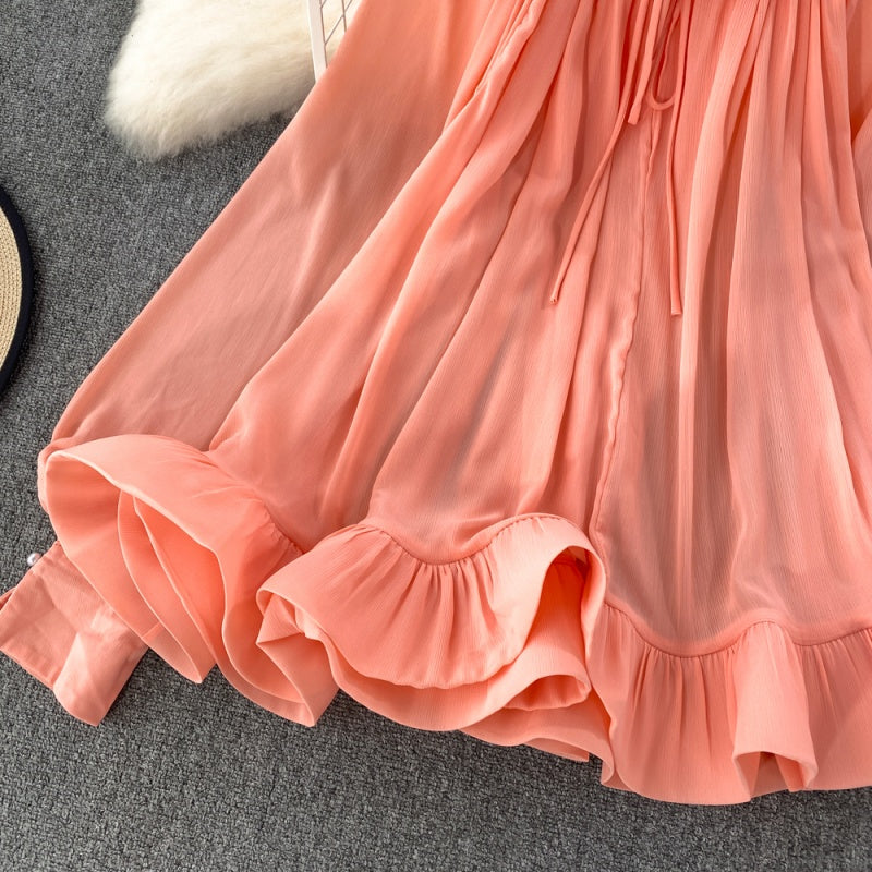 Loose Fit Ruffle Hem Chiffon Blouse