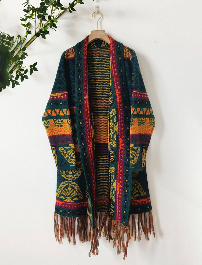 Long Knit Cardigan with Fringe Details