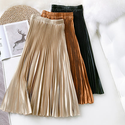 Pleated Metallic A-Line Midi Skirt