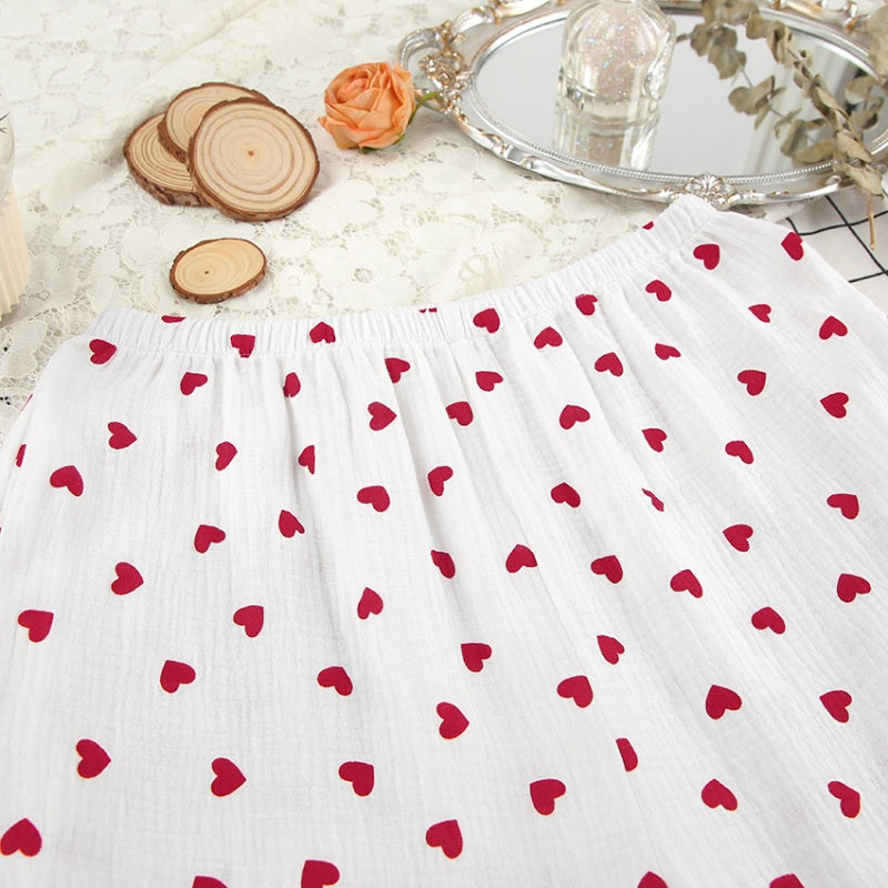 Heart Print Pajama Set with Feather Trim