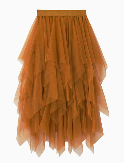 Asymmetric Ruffle Mesh Skirt