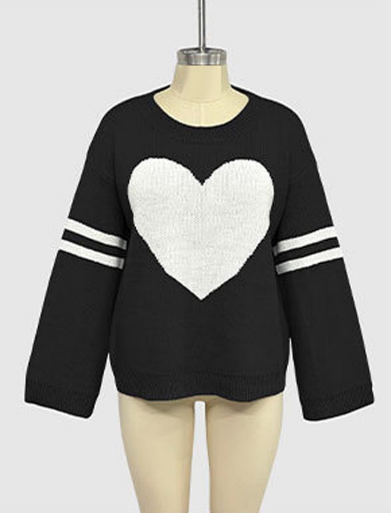 Heart Patterned Knit Sweater with Striped Sleeves