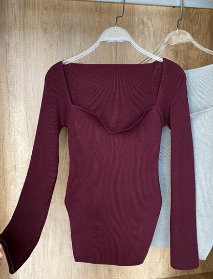 Sweetheart Neck Long Sleeve Knit Top