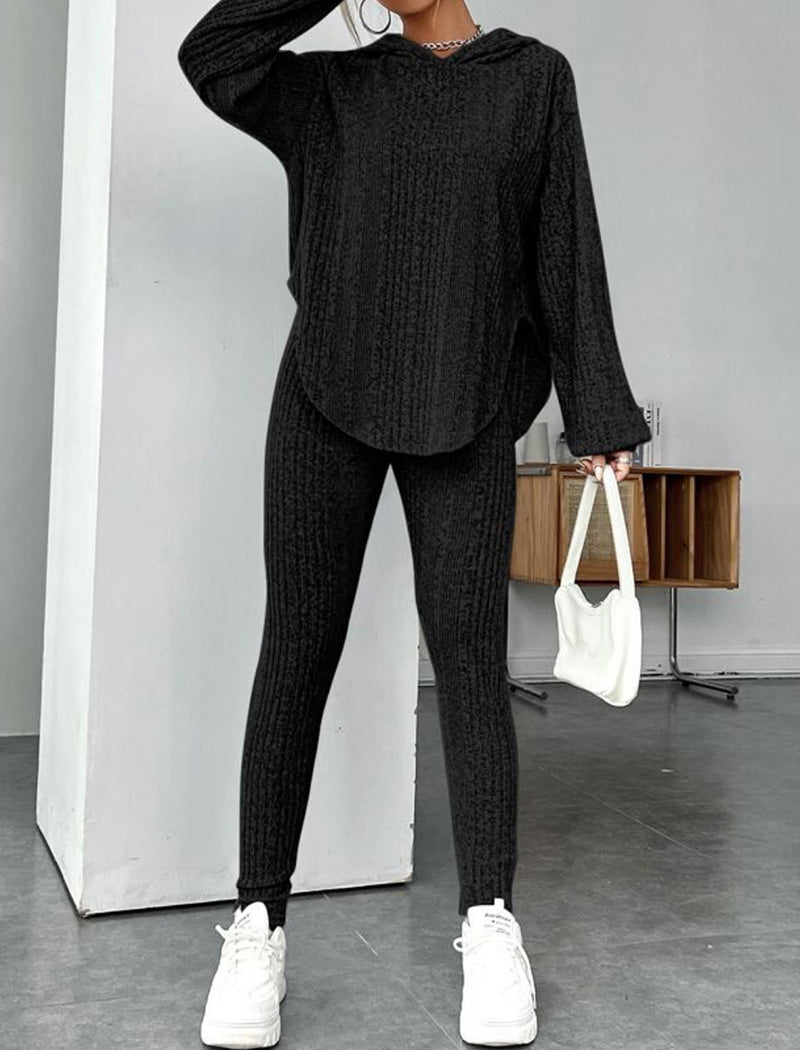 Solid Ribbed Loose Hooded Pants Set
