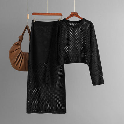 Hollow Knit Sweater and Long Skirt Set