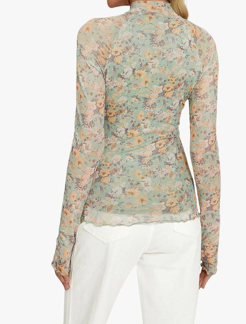 Floral Mesh Long-Sleeve Top with High Neck