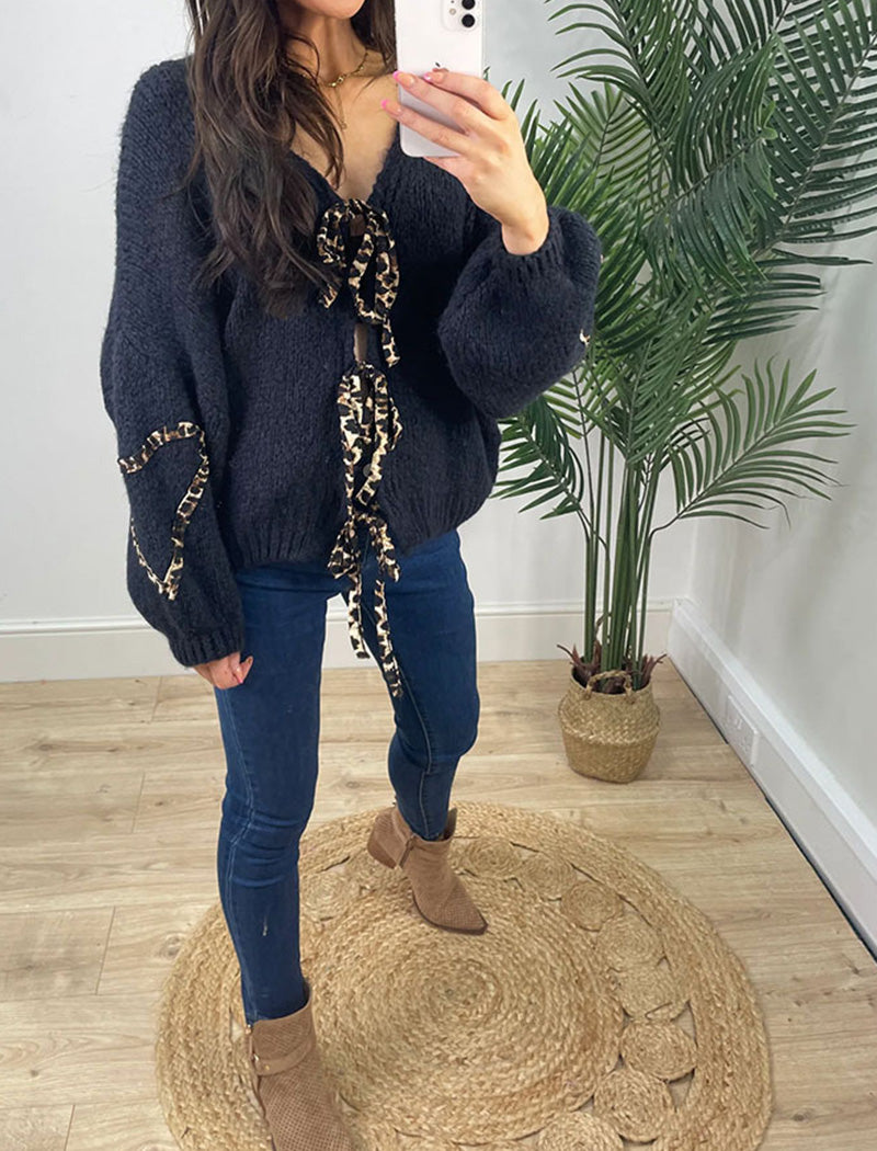 Tie-Front Knit Sweater with Heart Accents