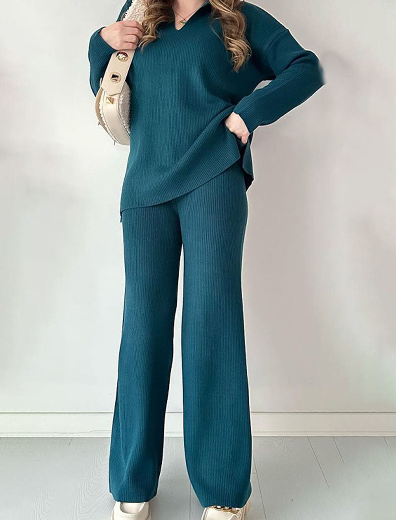 Ribbed Knit Lapel Sweater and Pants Set