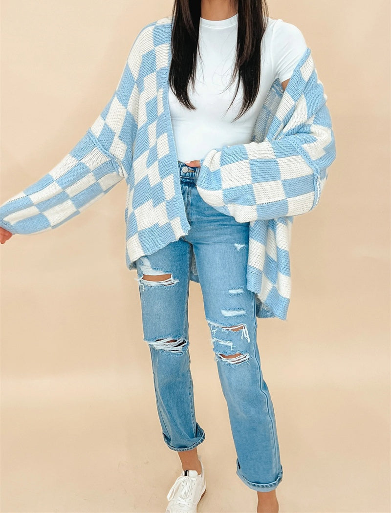 Checkered Open-Front Knit Cardigan