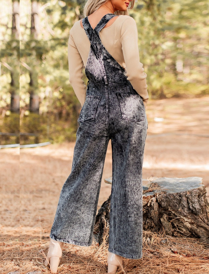 Wash Effect Wide-Leg Overalls