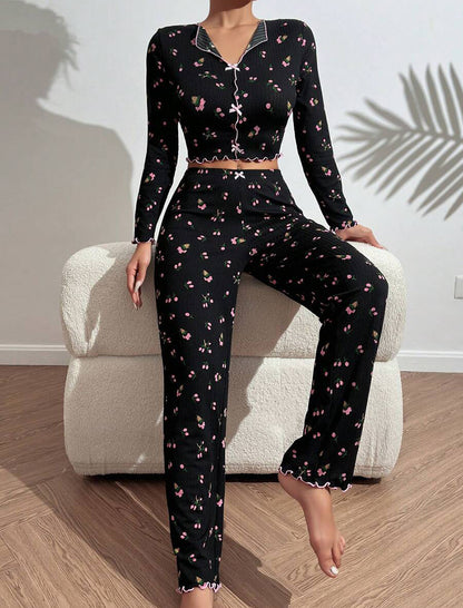 Bow Tie Collar Rolled-Cuff Long Sleeve Pajama Set