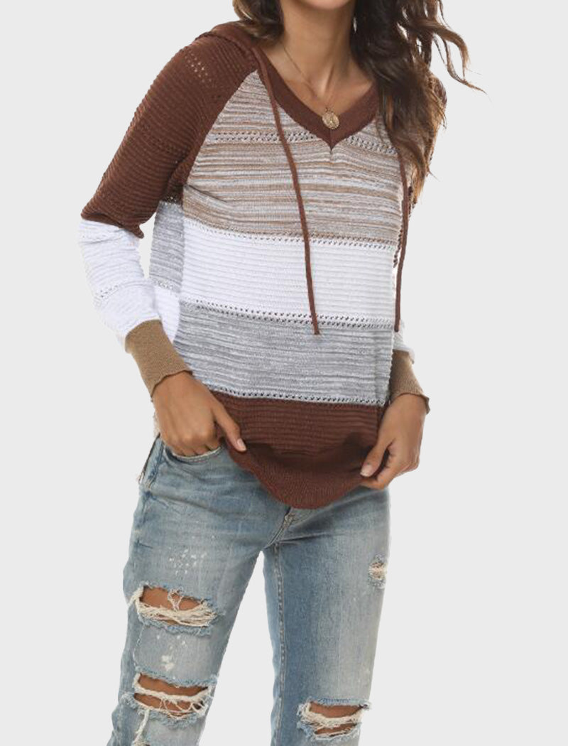 Striped V-Neck Knit Hooded Sweater