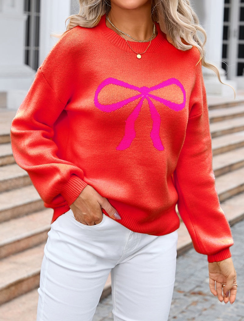 Crew Neck Sweater with Bow Graphic