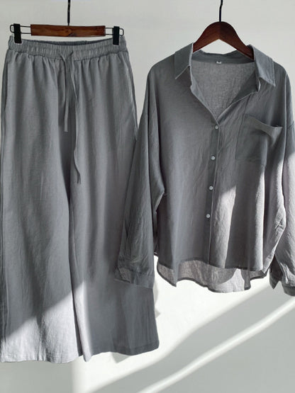 Solid Button-Up Shirt and Wide-Leg Pants Set