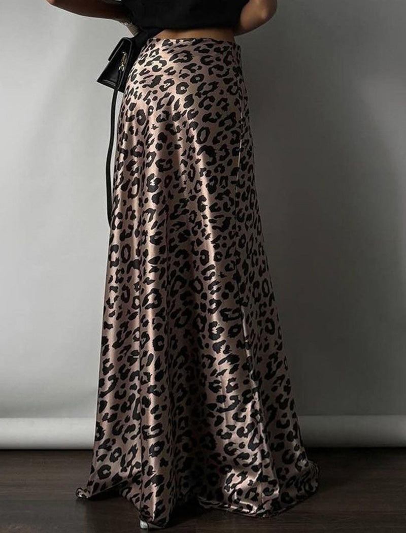 Leopard Print Satin Maxi Skirt