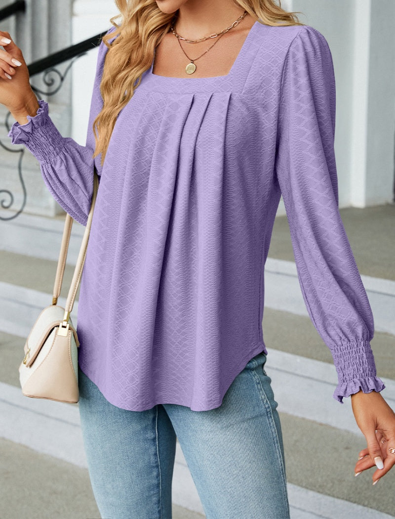 Jacquard Pleated Square Neck Long Sleeve Top