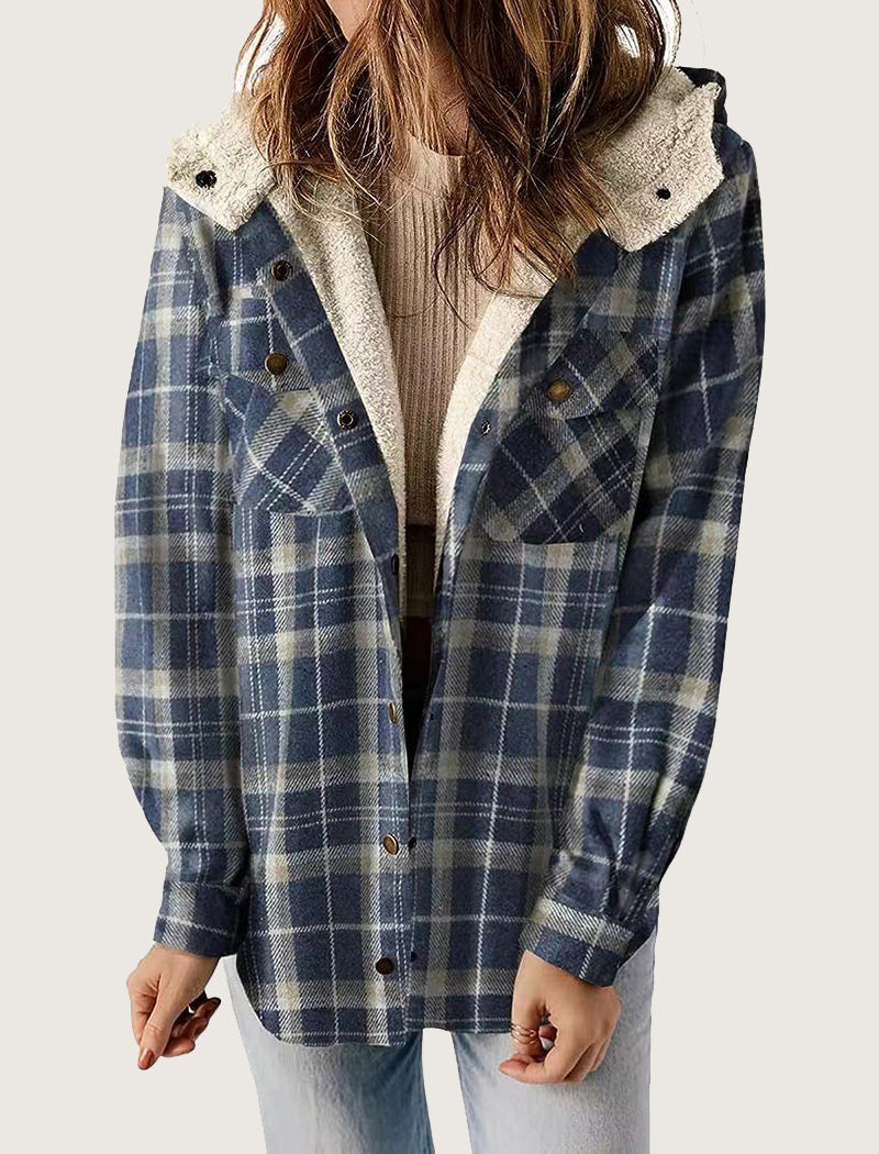 Hooded Plaid Shacket with Pocket Detail