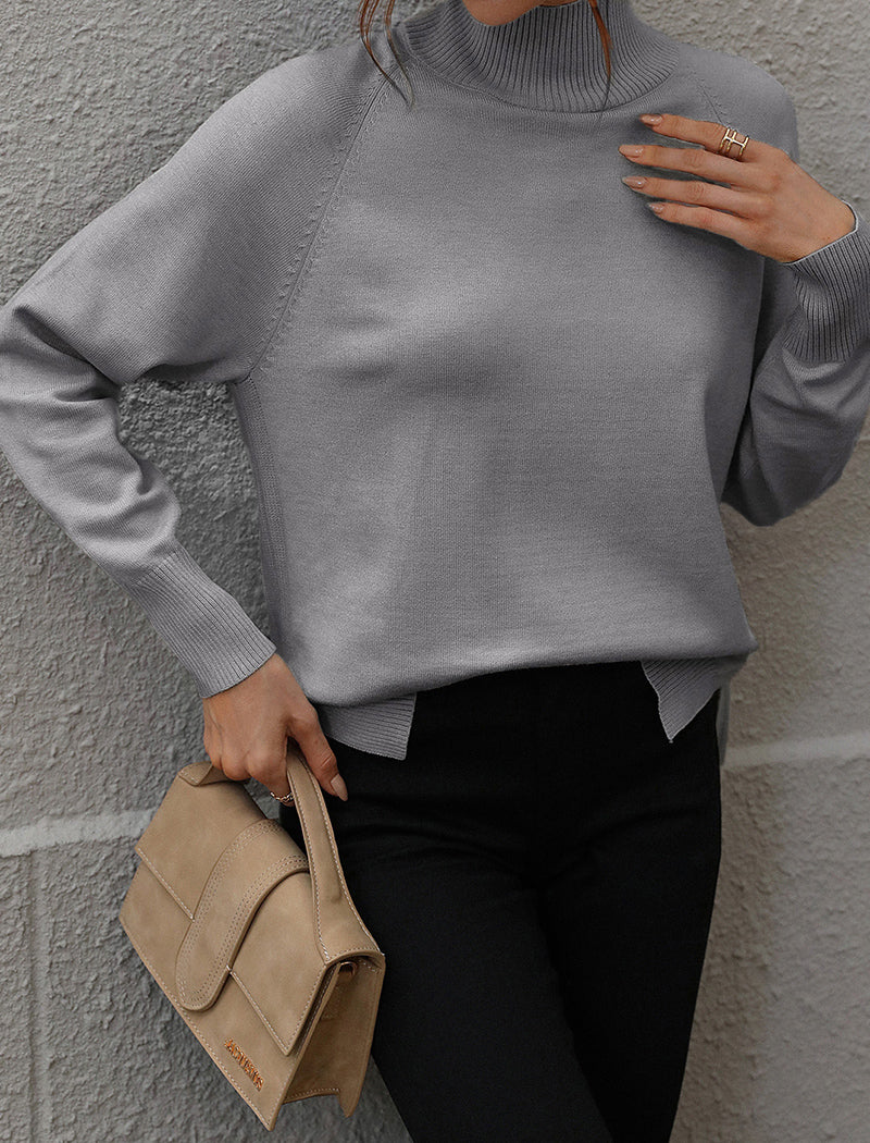 Solid High-Neck Knit Sweater with Side Slits