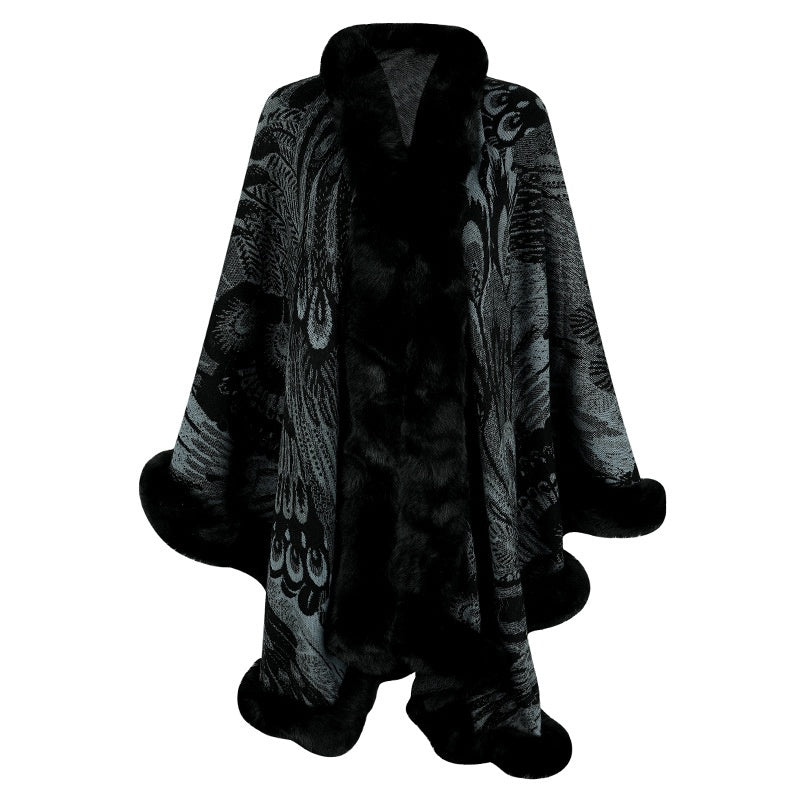 Faux Fur Trimmed Printed Cape